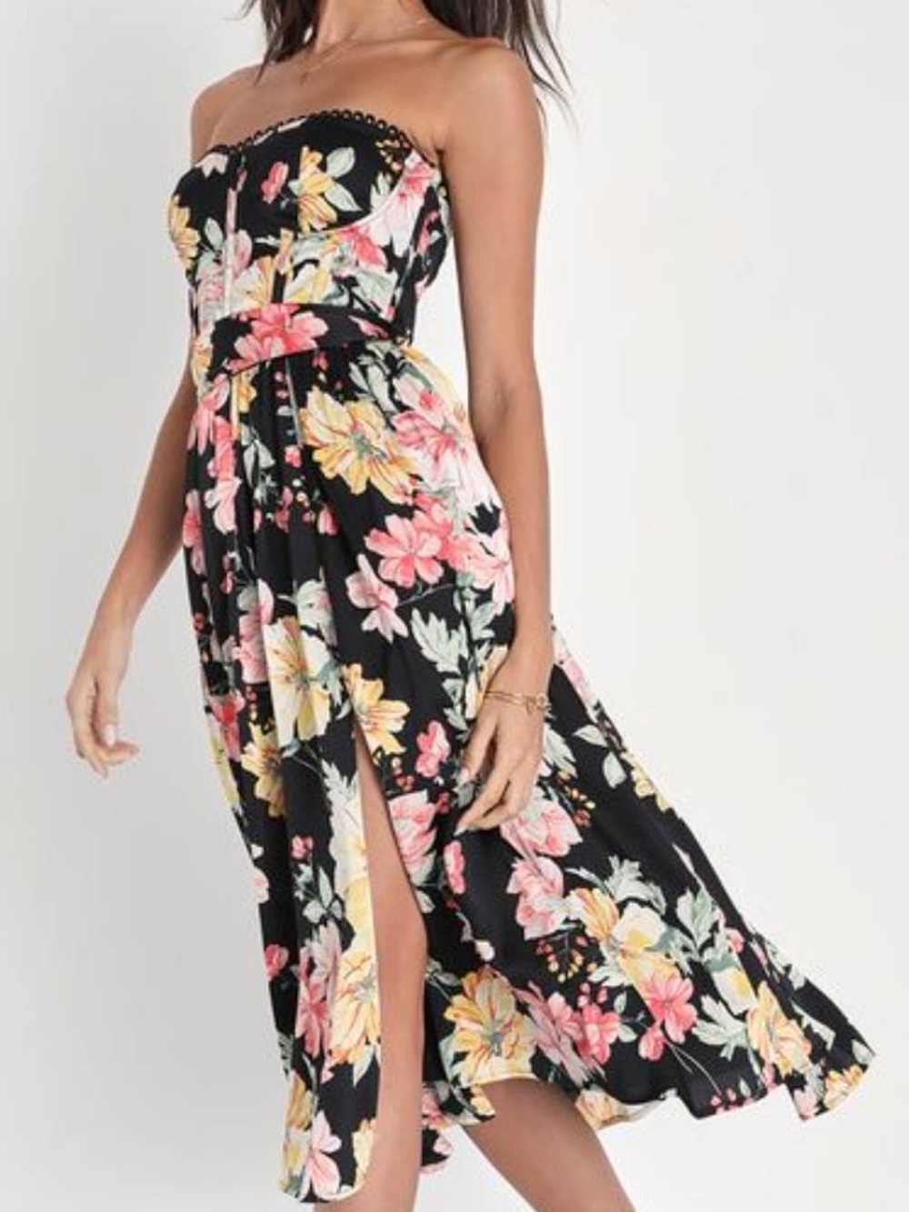 New Lulus Symphony Black Floral Strapless Midi Dress with Side Slit W/Pockets XS